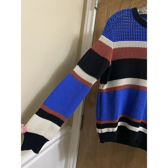 Summer & Sage Cable Knit Stripped Sweater Crochet Top Blue/Taupe/Black Size S - Picture 3 of 12